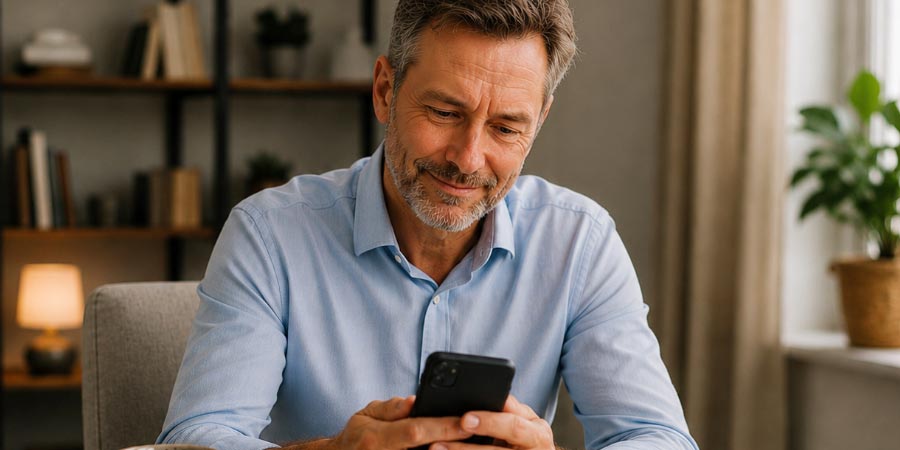 medel&aring;lders man tittar p&aring; sin mobil efter gjort ett linsbyte
