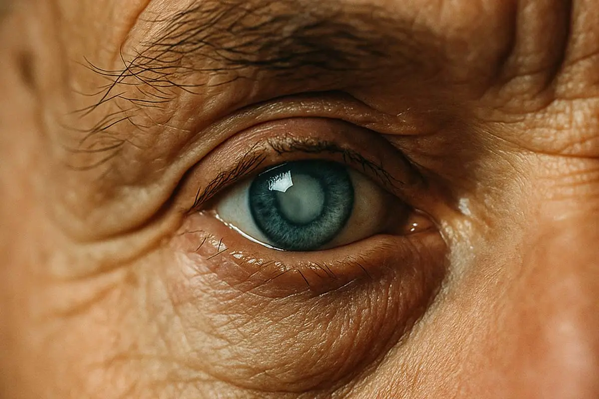 Närbild på en äldre mans öga med gråstarr, där pupillen framstår som grumlig och vitaktig.