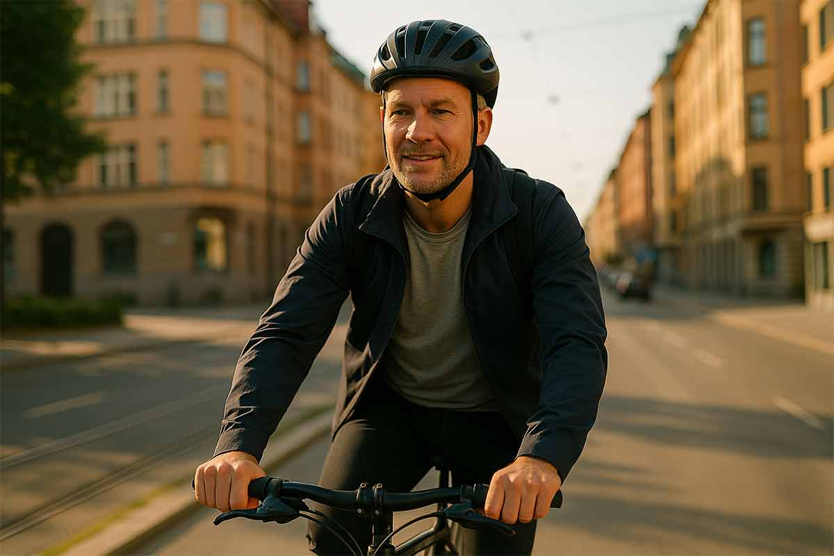 Henrik ute och cyklar i stan efter ett linsbyte