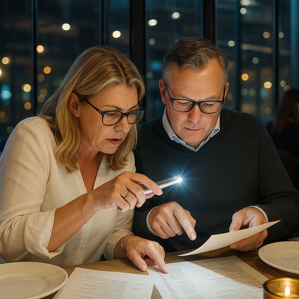 par kollar menyn p&aring; en restaurang med hj&auml;lp av sin mobil ficklampa