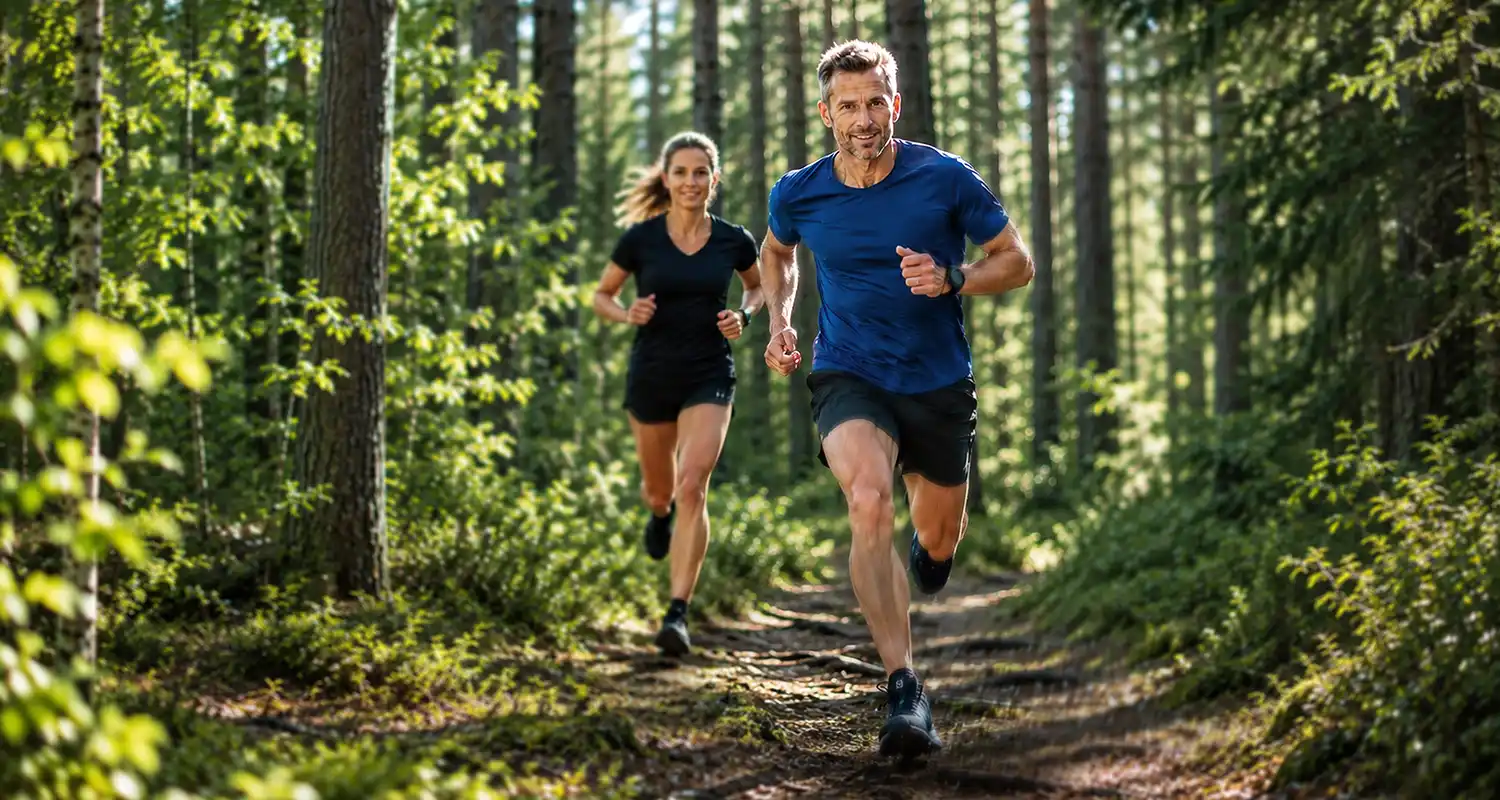 Peter och Anna springer i skogen