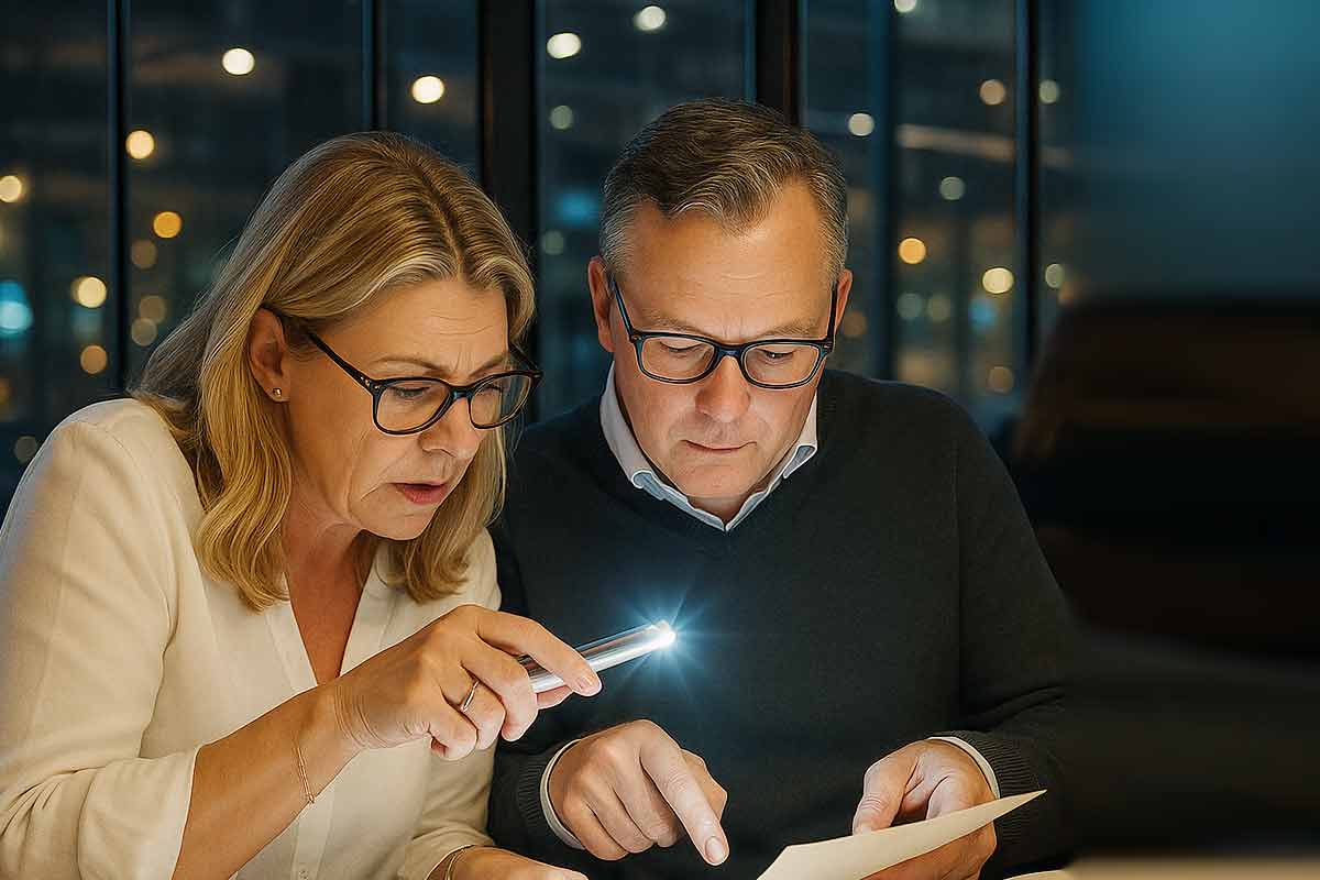 par kollar menyn på en restaurang med hjälp av sin mobil ficklampa