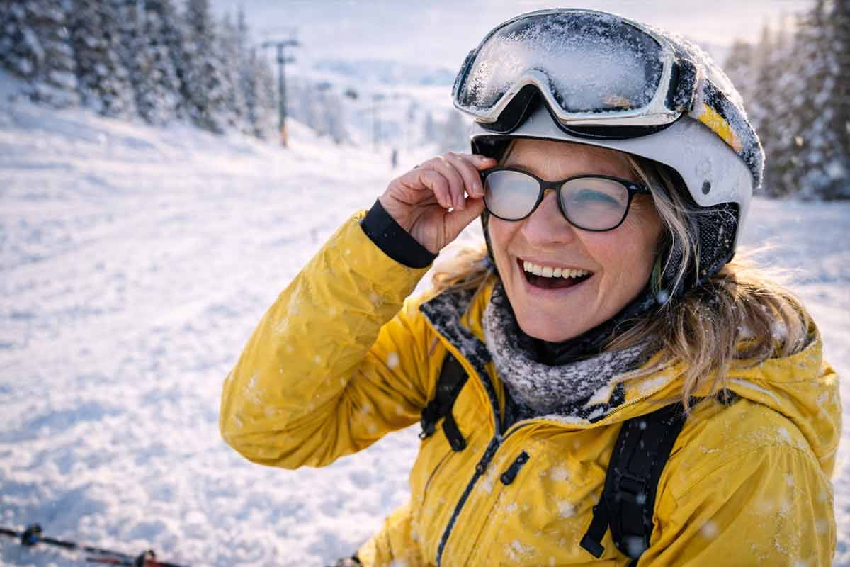 Skidåkare med glasögon i skidbacken